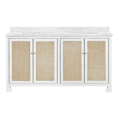 Worlds Away - Bath Vanity In Matte White Lacquer With Cane Front Doors, White Marble Top, Double Porcelain Sinks, And Polished Brass Knobs, 60" Wide - BOYD 60 WH view 1