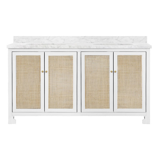 Worlds Away - Bath Vanity In Matte White Lacquer With Cane Front Doors, White Marble Top, Double Porcelain Sinks, And Polished Brass Knobs, 60" Wide - BOYD 60 WH view 1