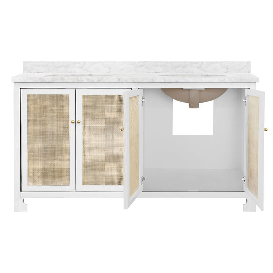Worlds Away - Bath Vanity In Matte White Lacquer With Cane Front Doors, White Marble Top, Double Porcelain Sinks, And Polished Brass Knobs, 60" Wide - BOYD 60 WH view 2