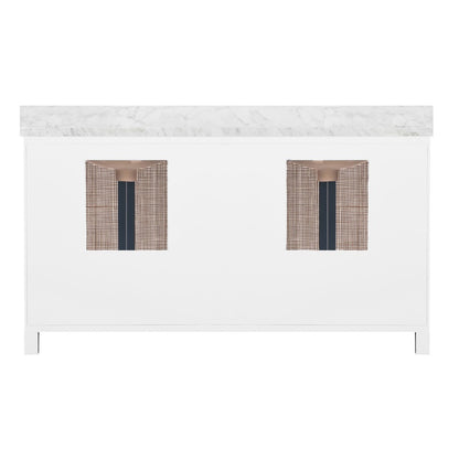 Worlds Away - Bath Vanity In Matte White Lacquer With Cane Front Doors, White Marble Top, Double Porcelain Sinks, And Polished Brass Knobs, 60" Wide - BOYD 60 WH view 3