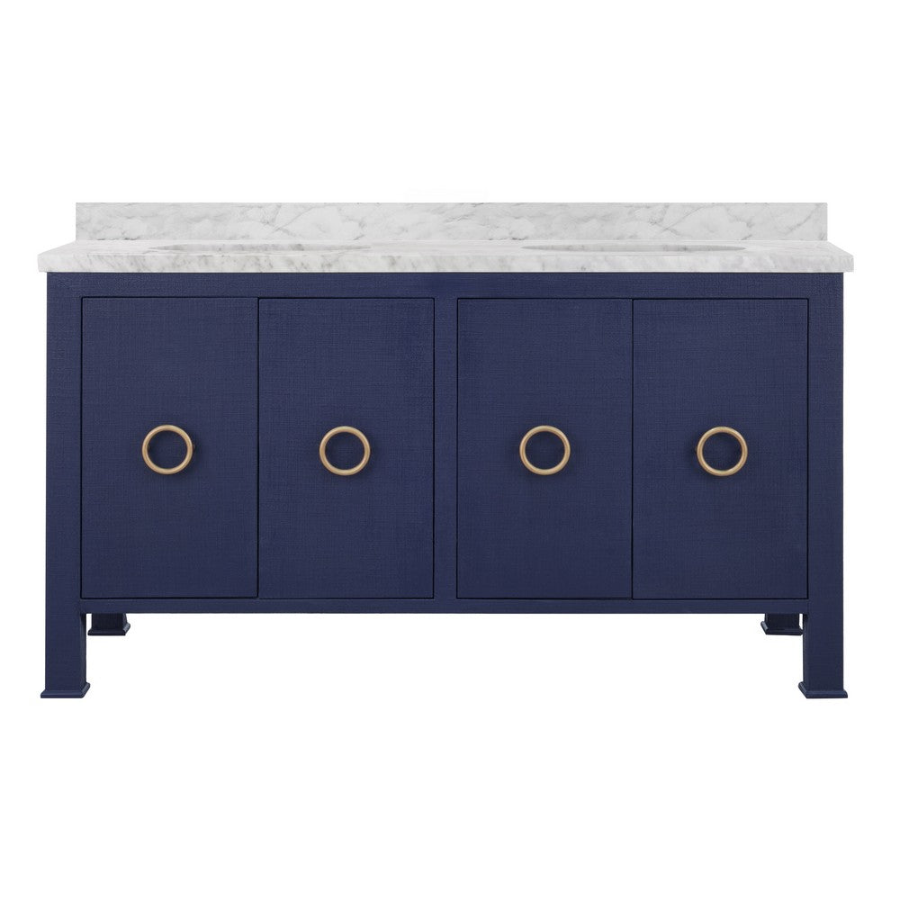 Worlds Away - Bath Vanity In Textured Navy Linen W/ Ant. Brass Hardware, White Marble Top, And Double Porcelain Sinks, 60" Wide - BLANCHE 60 NVY view 1