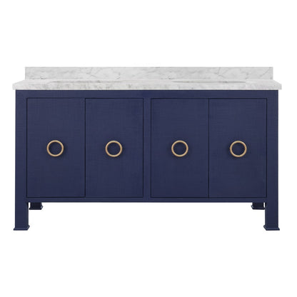Worlds Away - Bath Vanity In Textured Navy Linen W/ Ant. Brass Hardware, White Marble Top, And Double Porcelain Sinks, 60" Wide - BLANCHE 60 NVY view 1