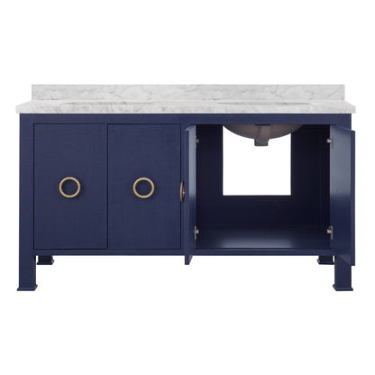 Worlds Away - Bath Vanity In Textured Navy Linen W/ Ant. Brass Hardware, White Marble Top, And Double Porcelain Sinks, 60" Wide - BLANCHE 60 NVY view 2