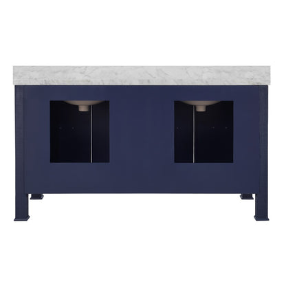 Worlds Away - Bath Vanity In Textured Navy Linen W/ Ant. Brass Hardware, White Marble Top, And Double Porcelain Sinks, 60" Wide - BLANCHE 60 NVY view 3