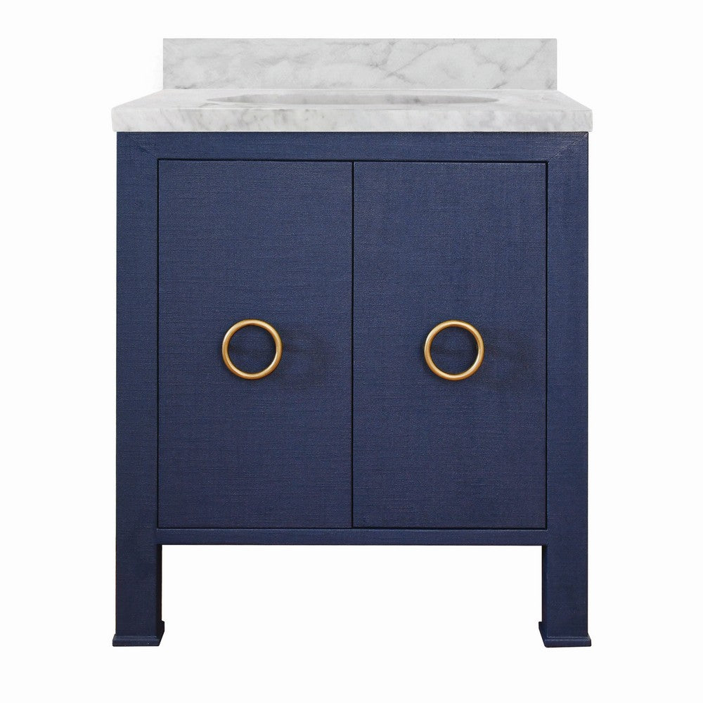 Worlds Away - Bath Vanity In Textured Navy Linen W/ Ant. Brass Hardware, White Marble Top, And Porcelain Sink - BLANCHE NVY view 1