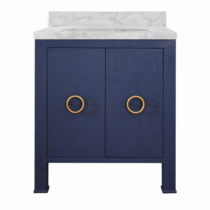 Worlds Away - Bath Vanity In Textured Navy Linen W/ Ant. Brass Hardware, White Marble Top, And Porcelain Sink - BLANCHE NVY view 1