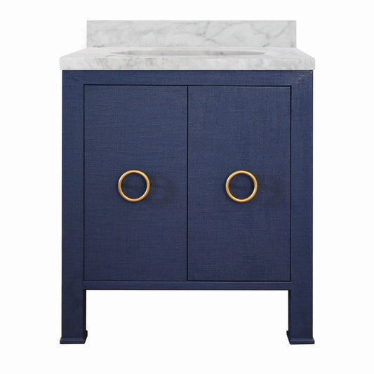 Worlds Away - Bath Vanity In Textured Navy Linen W/ Ant. Brass Hardware, White Marble Top, And Porcelain Sink - BLANCHE NVY view 1