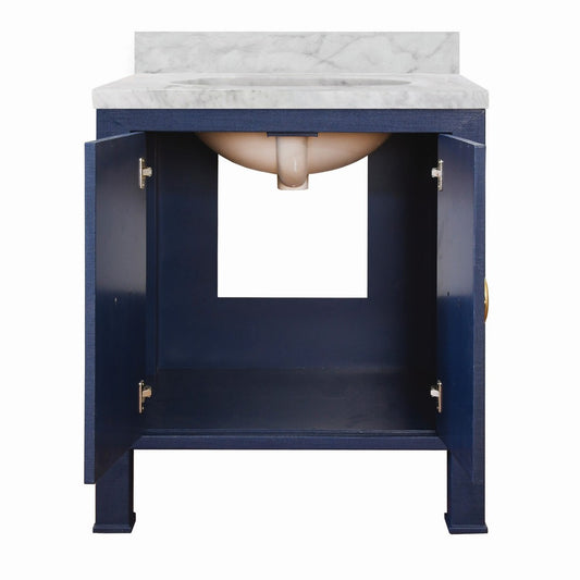 Worlds Away - Bath Vanity In Textured Navy Linen W/ Ant. Brass Hardware, White Marble Top, And Porcelain Sink - BLANCHE NVY view 2