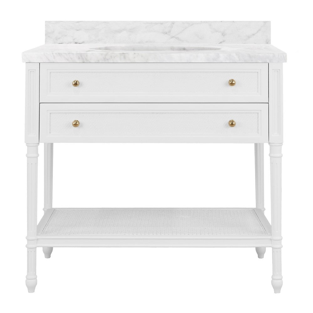 Worlds Away - Bath Vanity With Fluted Leg And Open Cane Shelf, One Opening Drawer (Bottom) With Painted Grasscloth Detail And Brass Ball Hardware In Matte White Lacquer - MARTHA WH view 1