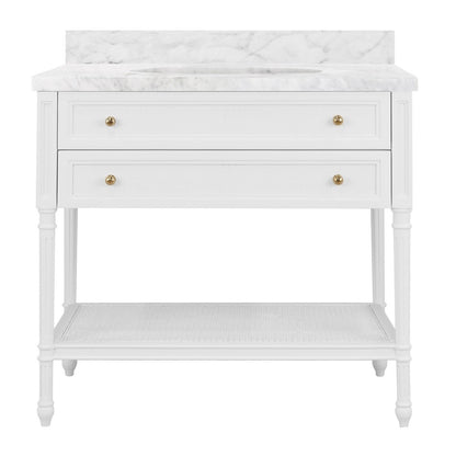 Worlds Away - Bath Vanity With Fluted Leg And Open Cane Shelf, One Opening Drawer (Bottom) With Painted Grasscloth Detail And Brass Ball Hardware In Matte White Lacquer - MARTHA WH view 1