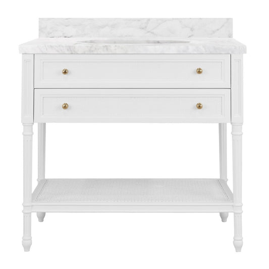 Worlds Away - Bath Vanity With Fluted Leg And Open Cane Shelf, One Opening Drawer (Bottom) With Painted Grasscloth Detail And Brass Ball Hardware In Matte White Lacquer - MARTHA WH view 1