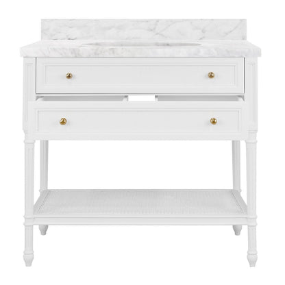 Worlds Away - Bath Vanity With Fluted Leg And Open Cane Shelf, One Opening Drawer (Bottom) With Painted Grasscloth Detail And Brass Ball Hardware In Matte White Lacquer - MARTHA WH view 2