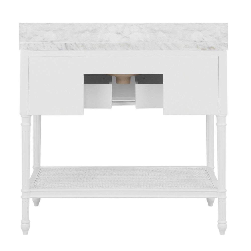 Worlds Away - Bath Vanity With Fluted Leg And Open Cane Shelf, One Opening Drawer (Bottom) With Painted Grasscloth Detail And Brass Ball Hardware In Matte White Lacquer - MARTHA WH view 3