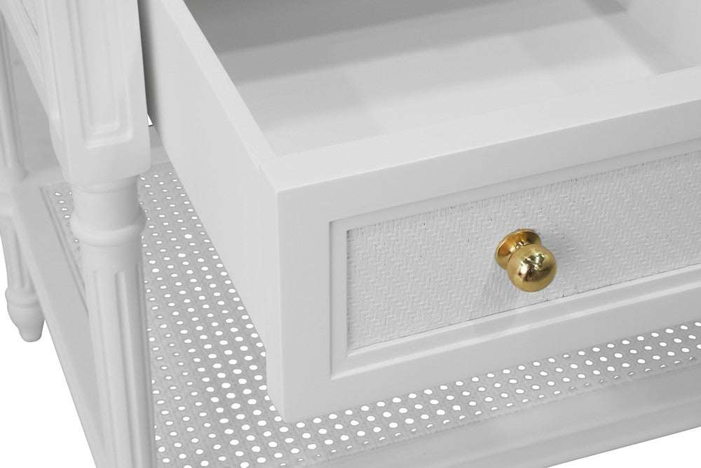 Worlds Away - Bath Vanity With Fluted Leg And Open Cane Shelf, One Opening Drawer (Bottom) With Painted Grasscloth Detail And Brass Ball Hardware In Matte White Lacquer - MARTHA WH view 4