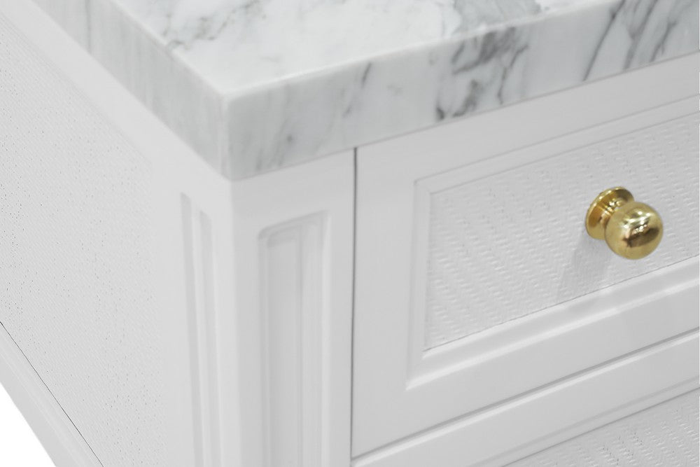 Worlds Away - Bath Vanity With Fluted Leg And Open Cane Shelf, One Opening Drawer (Bottom) With Painted Grasscloth Detail And Brass Ball Hardware In Matte White Lacquer - MARTHA WH view 5