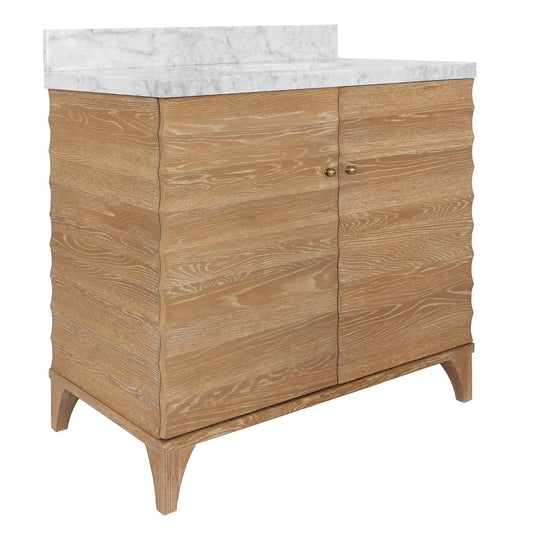 Worlds Away - Bath Vanity With Horizontal Fluted Detail In Cerused Oak With White Marble Top, Porcelain Sink, And Polished Brass Knobs - RHODES CO view 1