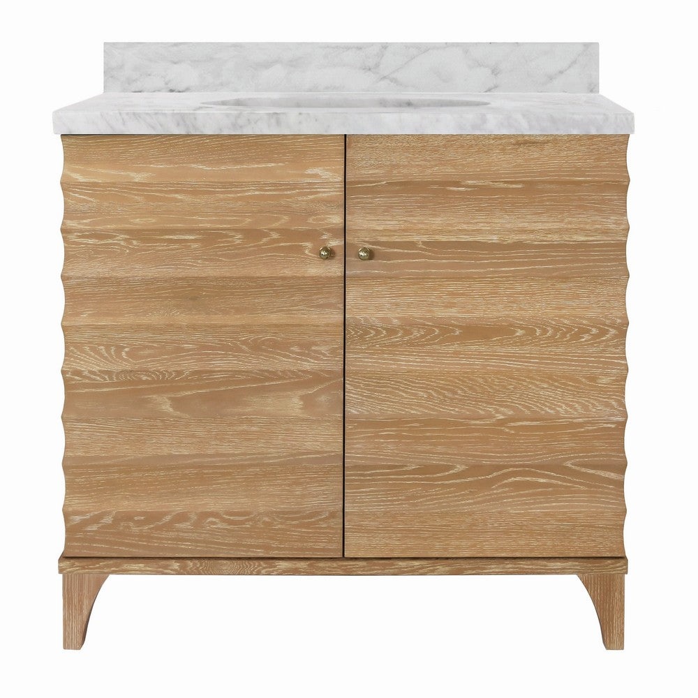 Worlds Away - Bath Vanity With Horizontal Fluted Detail In Cerused Oak With White Marble Top, Porcelain Sink, And Polished Brass Knobs - RHODES CO view 2
