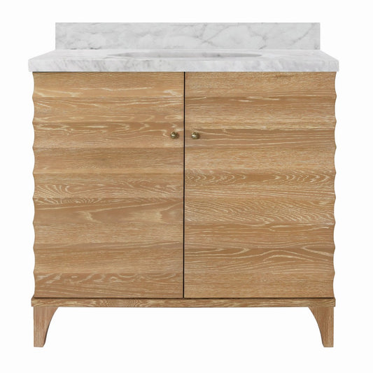 Worlds Away - Bath Vanity With Horizontal Fluted Detail In Cerused Oak With White Marble Top, Porcelain Sink, And Polished Brass Knobs - RHODES CO view 2