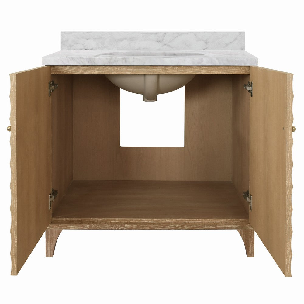 Worlds Away - Bath Vanity With Horizontal Fluted Detail In Cerused Oak With White Marble Top, Porcelain Sink, And Polished Brass Knobs - RHODES CO view 3