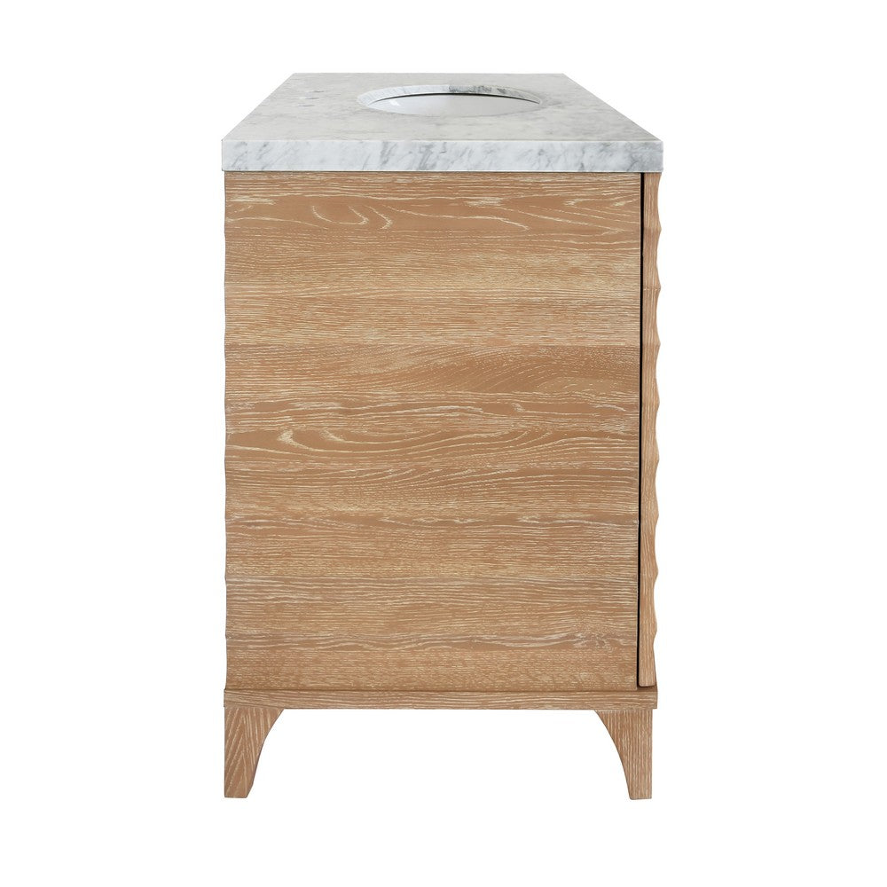 Worlds Away - Bath Vanity With Horizontal Fluted Detail In Cerused Oak With White Marble Top, Porcelain Sink, And Polished Brass Knobs - RHODES CO view 4
