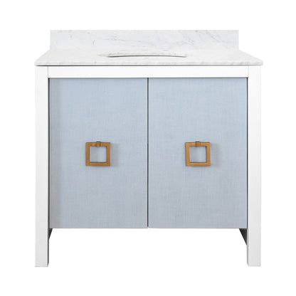 Worlds Away - Bath Vanity With Textured Light Blue Linen Doors, Matte White Lacquer Surround, Ant Brass Hardware, White Marble Top, And Porcelain Sink - APRIL LB view 1