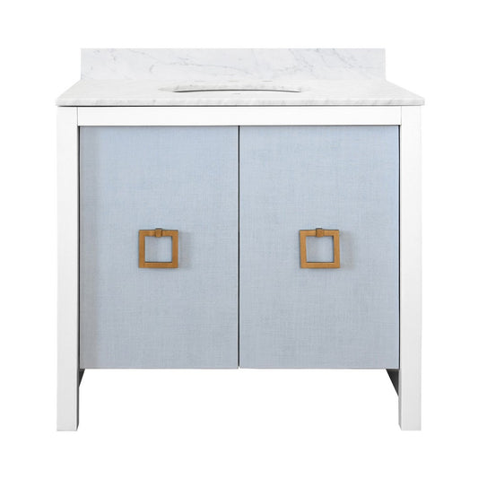 Worlds Away - Bath Vanity With Textured Light Blue Linen Doors, Matte White Lacquer Surround, Ant Brass Hardware, White Marble Top, And Porcelain Sink - APRIL LB view 1