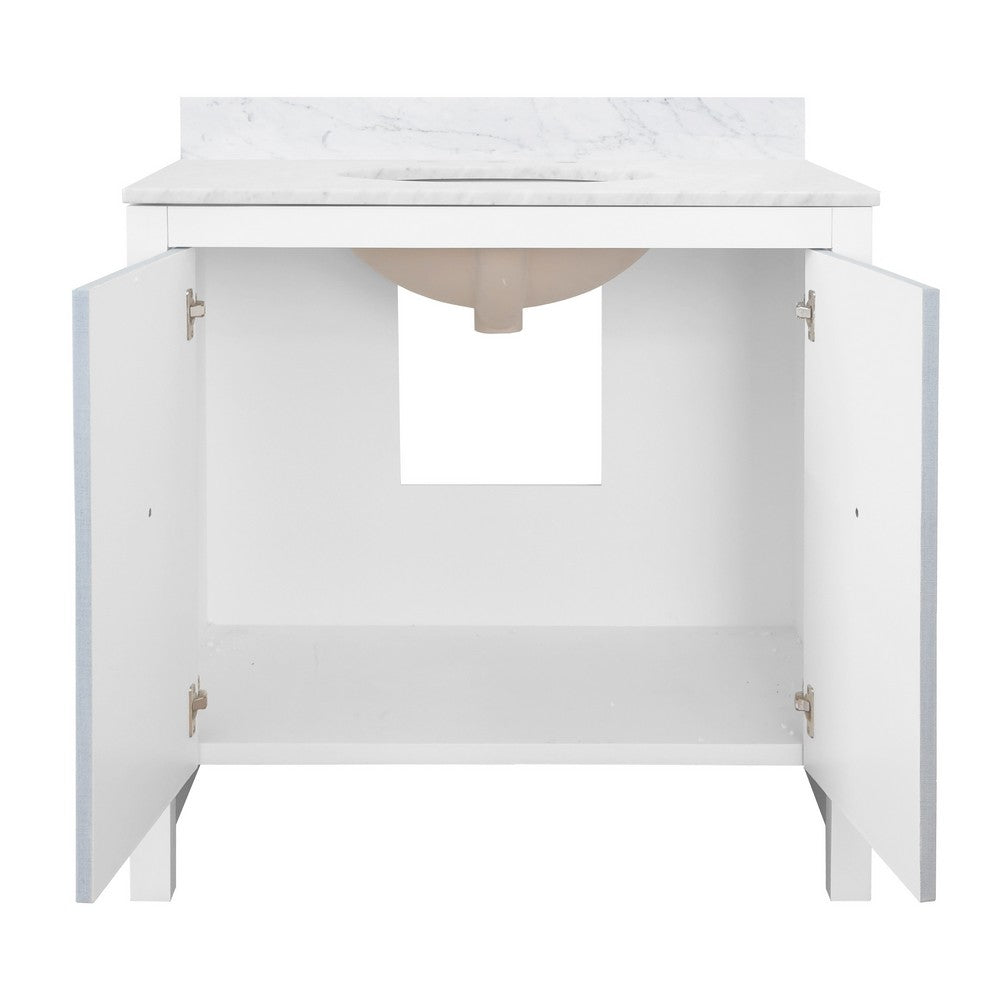 Worlds Away - Bath Vanity With Textured Light Blue Linen Doors, Matte White Lacquer Surround, Ant Brass Hardware, White Marble Top, And Porcelain Sink - APRIL LB view 2