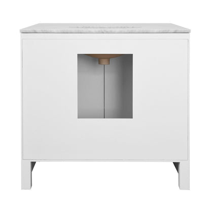 Worlds Away - Bath Vanity With Textured Light Blue Linen Doors, Matte White Lacquer Surround, Ant Brass Hardware, White Marble Top, And Porcelain Sink - APRIL LB view 3