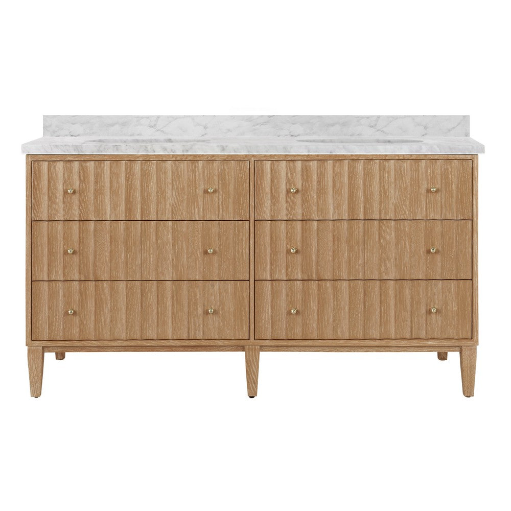 Worlds Away - Bath Vanity With Vertical Fluted Detail On Drawers In Cerused Oak With White Marble Top, Double Porcelain Sinks, And Polished Brass Knobs, 60" Wide - ODIN 60 CO view 1