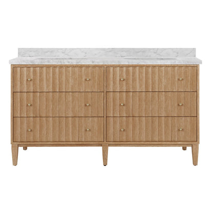 Worlds Away - Bath Vanity With Vertical Fluted Detail On Drawers In Cerused Oak With White Marble Top, Double Porcelain Sinks, And Polished Brass Knobs, 60" Wide - ODIN 60 CO view 1