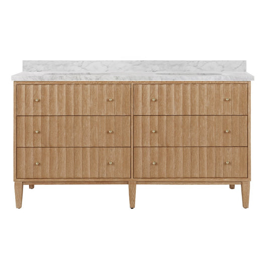 Worlds Away - Bath Vanity With Vertical Fluted Detail On Drawers In Cerused Oak With White Marble Top, Double Porcelain Sinks, And Polished Brass Knobs, 60" Wide - ODIN 60 CO view 1
