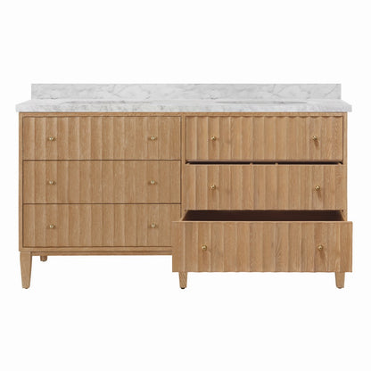 Worlds Away - Bath Vanity With Vertical Fluted Detail On Drawers In Cerused Oak With White Marble Top, Double Porcelain Sinks, And Polished Brass Knobs, 60" Wide - ODIN 60 CO view 2
