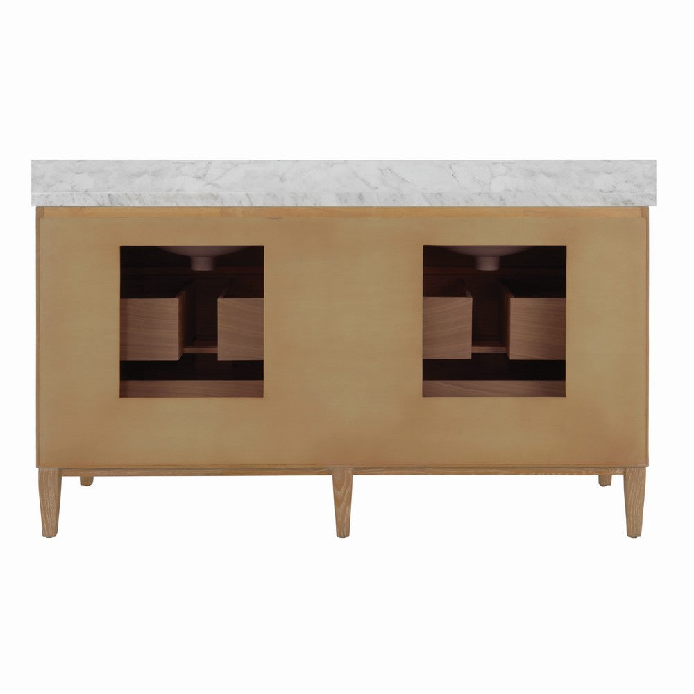 Worlds Away - Bath Vanity With Vertical Fluted Detail On Drawers In Cerused Oak With White Marble Top, Double Porcelain Sinks, And Polished Brass Knobs, 60" Wide - ODIN 60 CO view 3