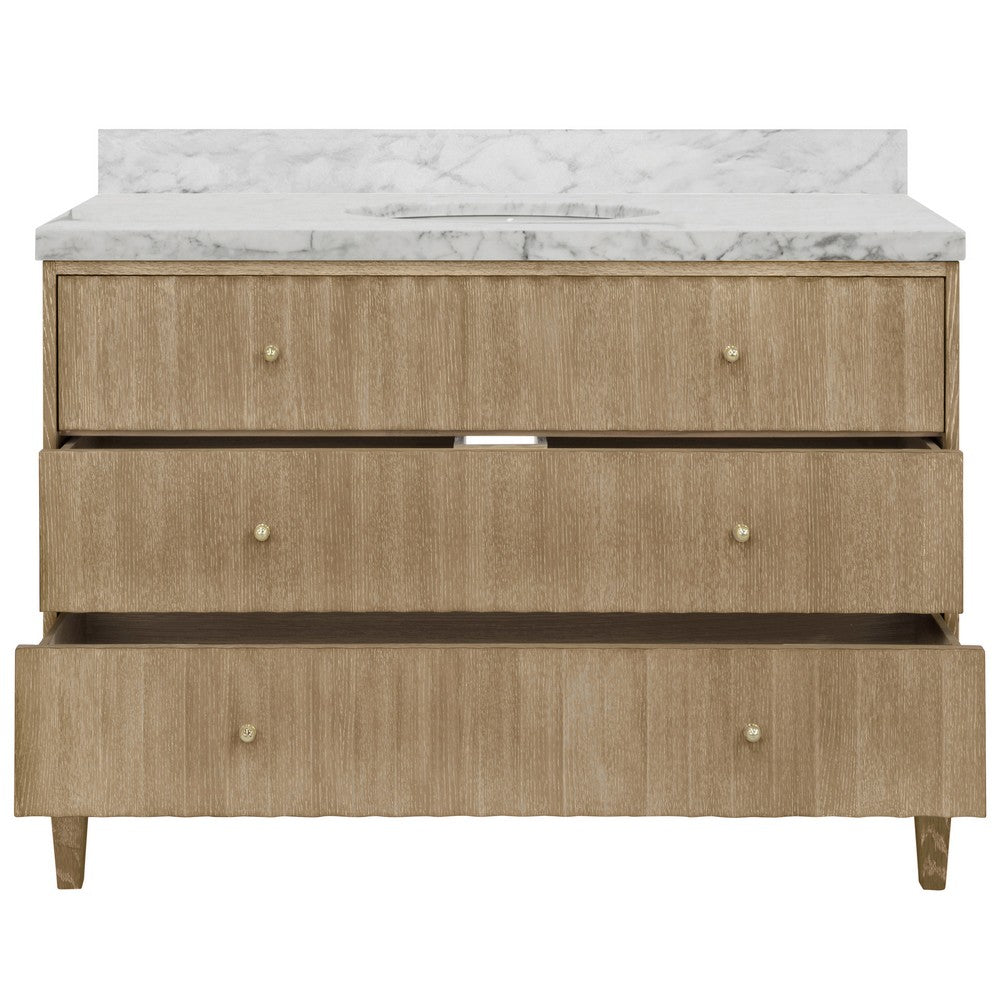 Worlds Away - Bath Vanity With Vertical Fluted Detail On Drawers In Cerused Oak With White Marble Top, Porcelain Sink, And Polished Brass Knobs, 48" Wide - ODIN 48 CO view 3