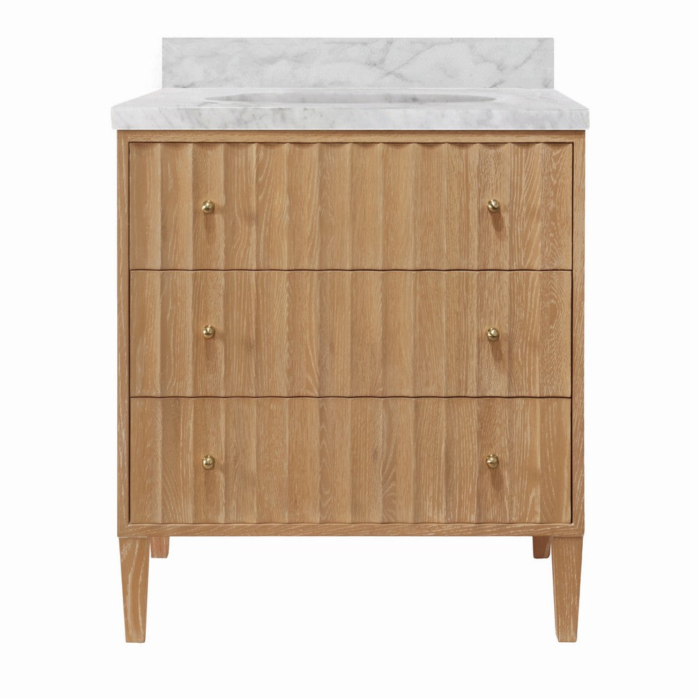 Worlds Away - Bath Vanity With Vertical Fluted Detail On Drawers In Cerused Oak With White Marble Top, Porcelain Sink, And Polished Brass Knobs - ODIN CO view 1