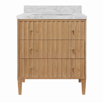 Worlds Away - Bath Vanity With Vertical Fluted Detail On Drawers In Cerused Oak With White Marble Top, Porcelain Sink, And Polished Brass Knobs - ODIN CO view 1