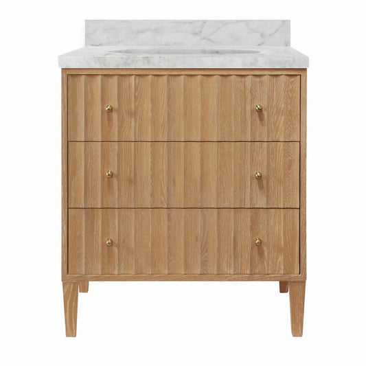 Worlds Away - Bath Vanity With Vertical Fluted Detail On Drawers In Cerused Oak With White Marble Top, Porcelain Sink, And Polished Brass Knobs - ODIN CO view 1