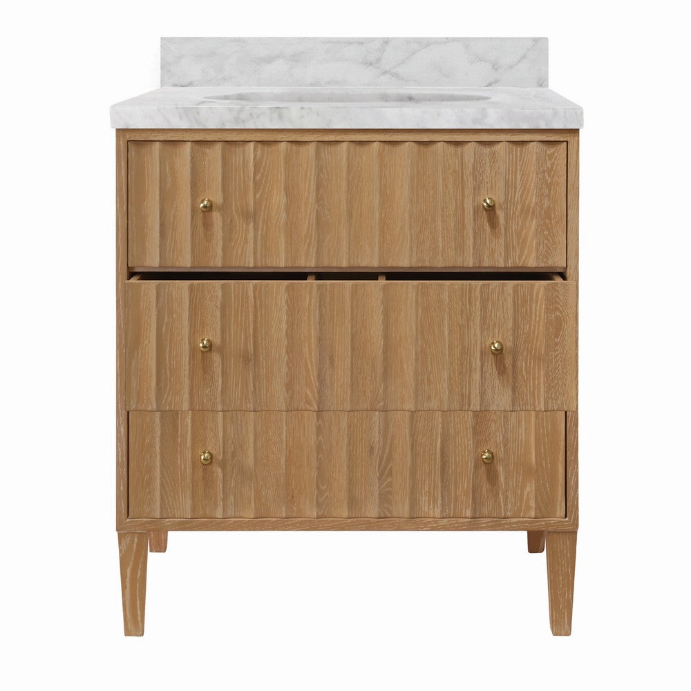 Worlds Away - Bath Vanity With Vertical Fluted Detail On Drawers In Cerused Oak With White Marble Top, Porcelain Sink, And Polished Brass Knobs - ODIN CO view 2