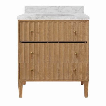 Worlds Away - Bath Vanity With Vertical Fluted Detail On Drawers In Cerused Oak With White Marble Top, Porcelain Sink, And Polished Brass Knobs - ODIN CO view 2