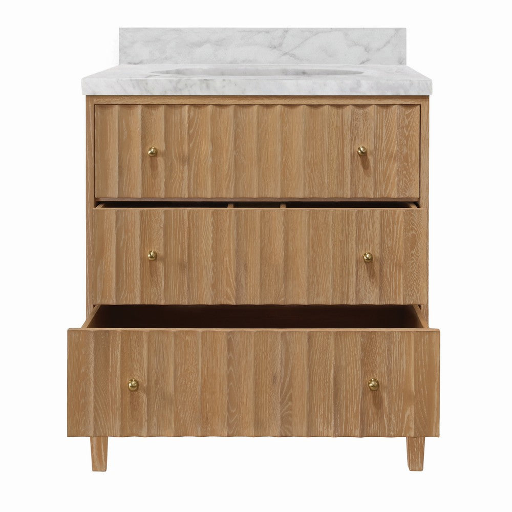 Worlds Away - Bath Vanity With Vertical Fluted Detail On Drawers In Cerused Oak With White Marble Top, Porcelain Sink, And Polished Brass Knobs - ODIN CO view 3