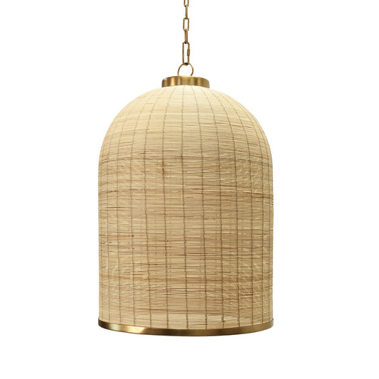 Worlds Away - Bell Shaped Natural Rattan Pendant With Satin Brass Trim - LAKEN view 1