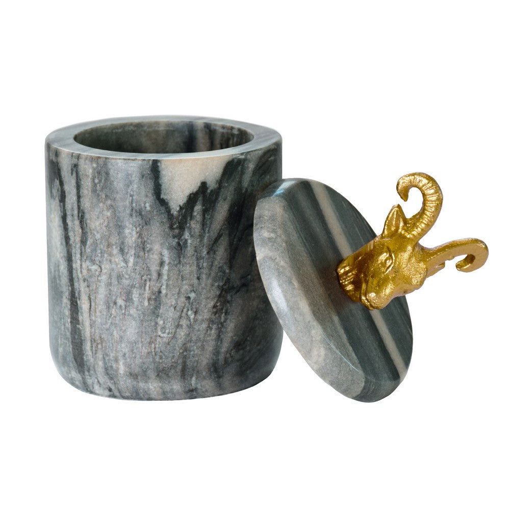 Worlds Away - Black Marble Container With Brass Ram Handle - RAMMY view 3