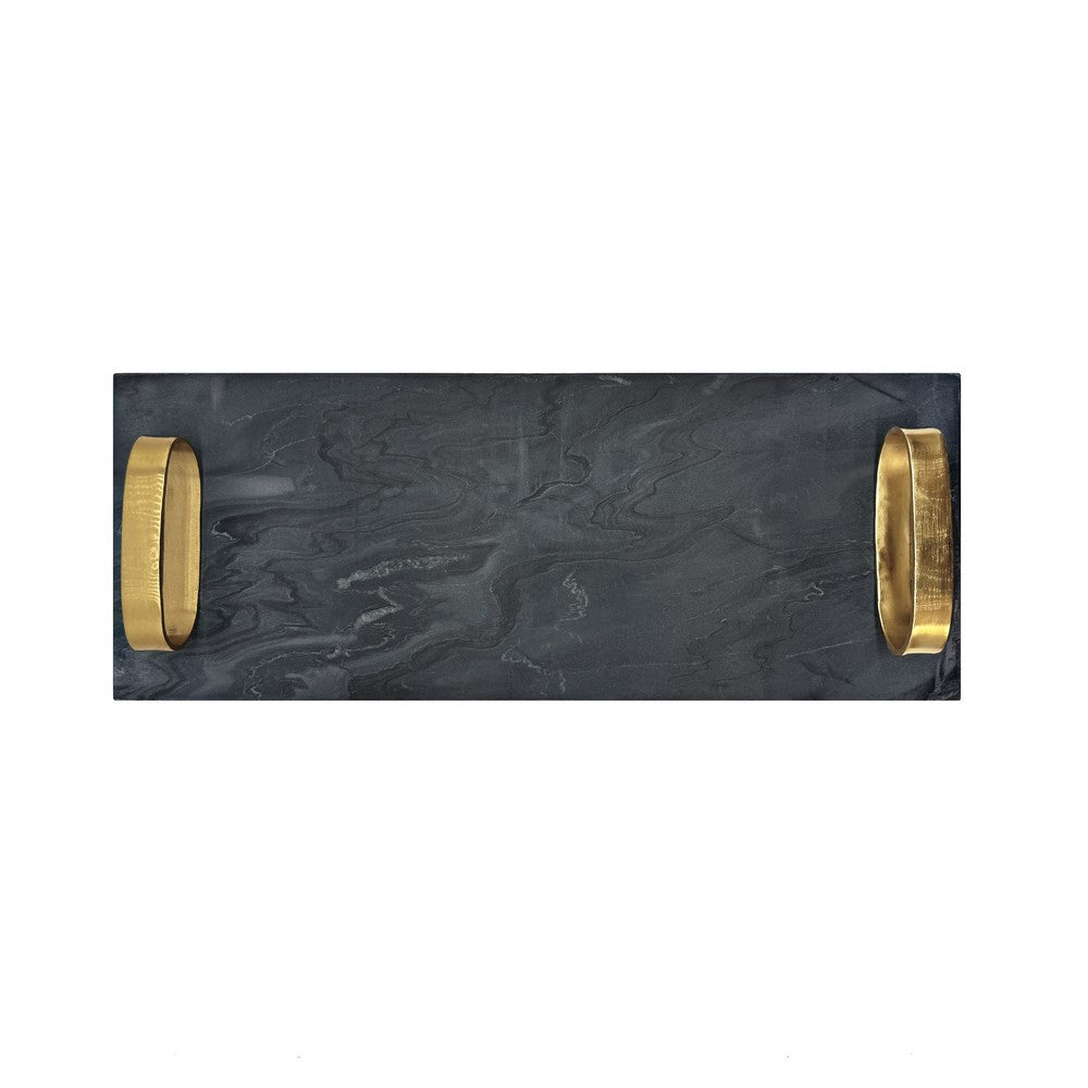Worlds Away - Black Marble Tray With Brass Oval Shaped Handle - TADEO BLK view 4