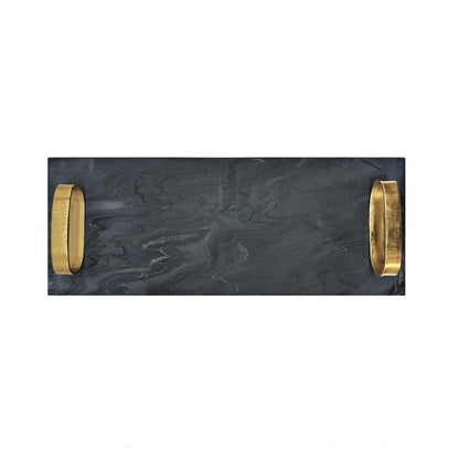 Worlds Away - Black Marble Tray With Brass Oval Shaped Handle - TADEO BLK view 4