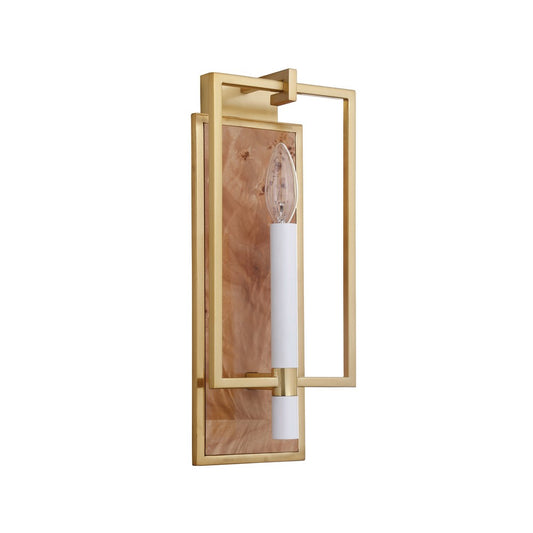 Worlds Away - Candlestick Sconce With Rectangular Burl Wood Backplate And Open Brushed Brass Rectangle Frame - TAURUS BW view 1