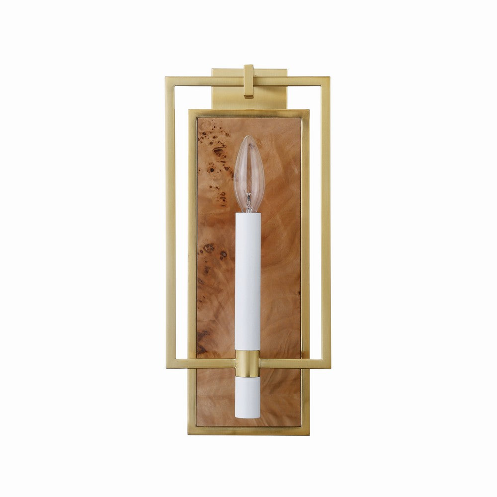 Worlds Away - Candlestick Sconce With Rectangular Burl Wood Backplate And Open Brushed Brass Rectangle Frame - TAURUS BW view 2