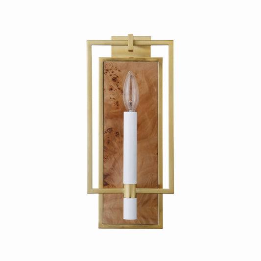 Worlds Away - Candlestick Sconce With Rectangular Burl Wood Backplate And Open Brushed Brass Rectangle Frame - TAURUS BW view 2