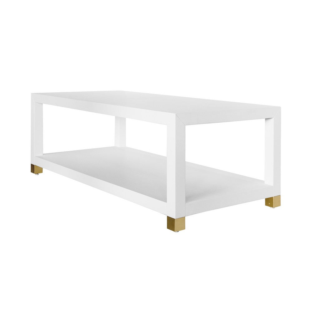 Worlds Away - Coffee Table With Antique Brass Foot Caps In Matte White Lacquer - PATRICIA WH view 1
