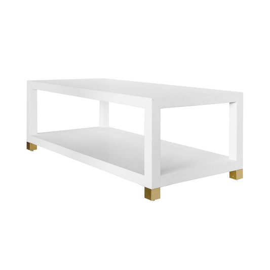 Worlds Away - Coffee Table With Antique Brass Foot Caps In Matte White Lacquer - PATRICIA WH view 1
