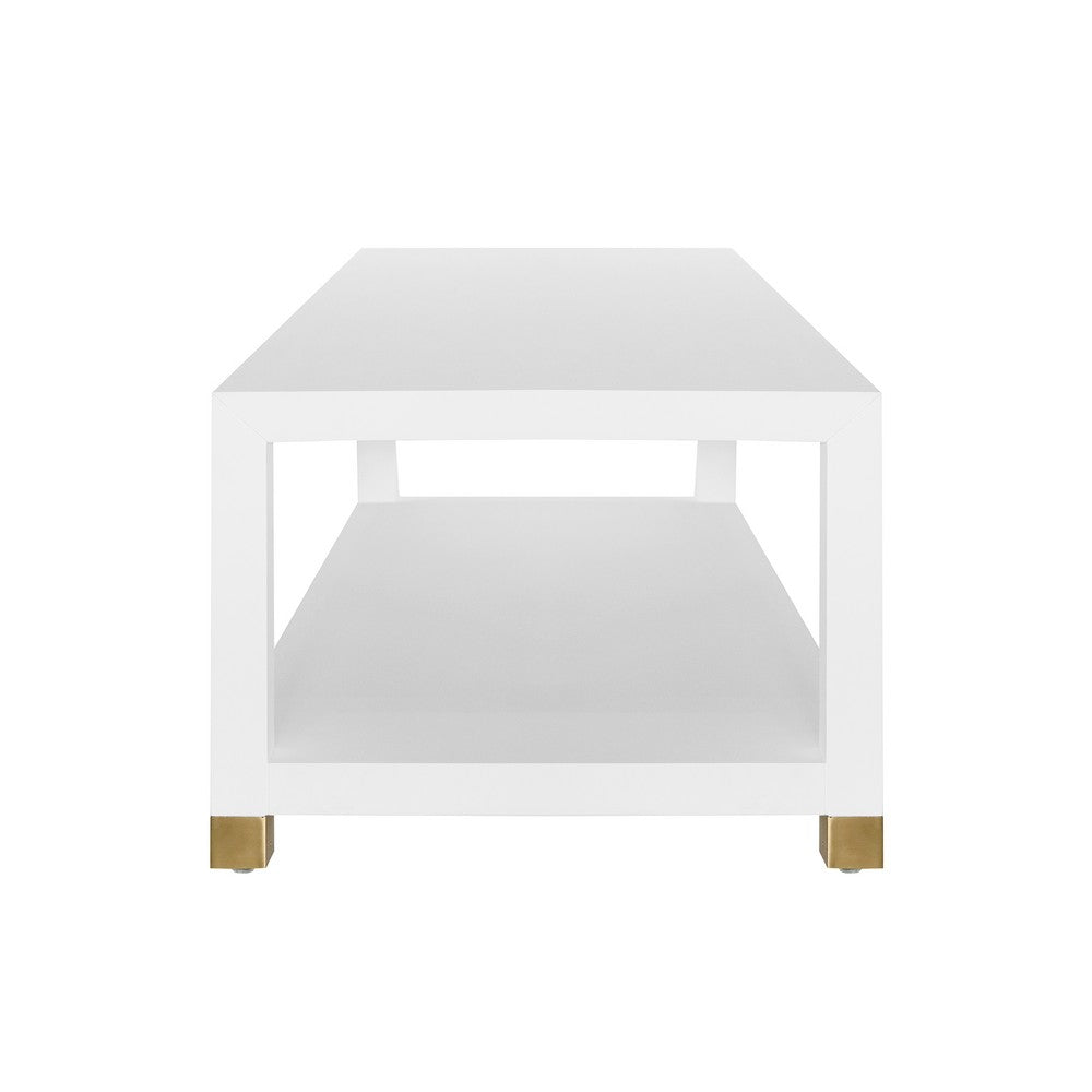 Worlds Away - Coffee Table With Antique Brass Foot Caps In Matte White Lacquer - PATRICIA WH view 3